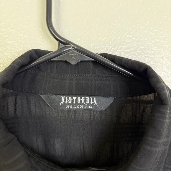 Disturbia Shirt Womens Size 12 Black Check Long Sleeve Button Up Sheer Puff - Picture 7 of 11